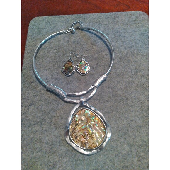 Abalone Necklace &‎ Earrings Set Silver Tone Statement Jewelry